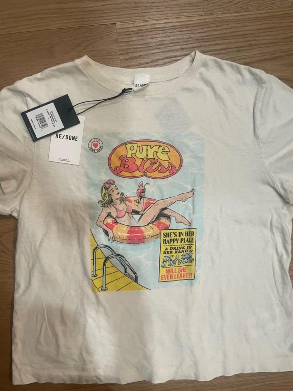 Re/Done Off White Graphic Tee with Multicolor Retro Pool Print - Picture 3 of 4